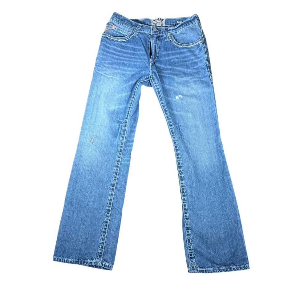 Ariat M4 Relaxed Boot Cut Jeans Mens 32x34 Light Wash Blue Denim Western Work